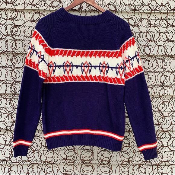 Vintage Montgomery Ward knit stripe fair isle blue red ski nordic sweater - Picture 1 of 6